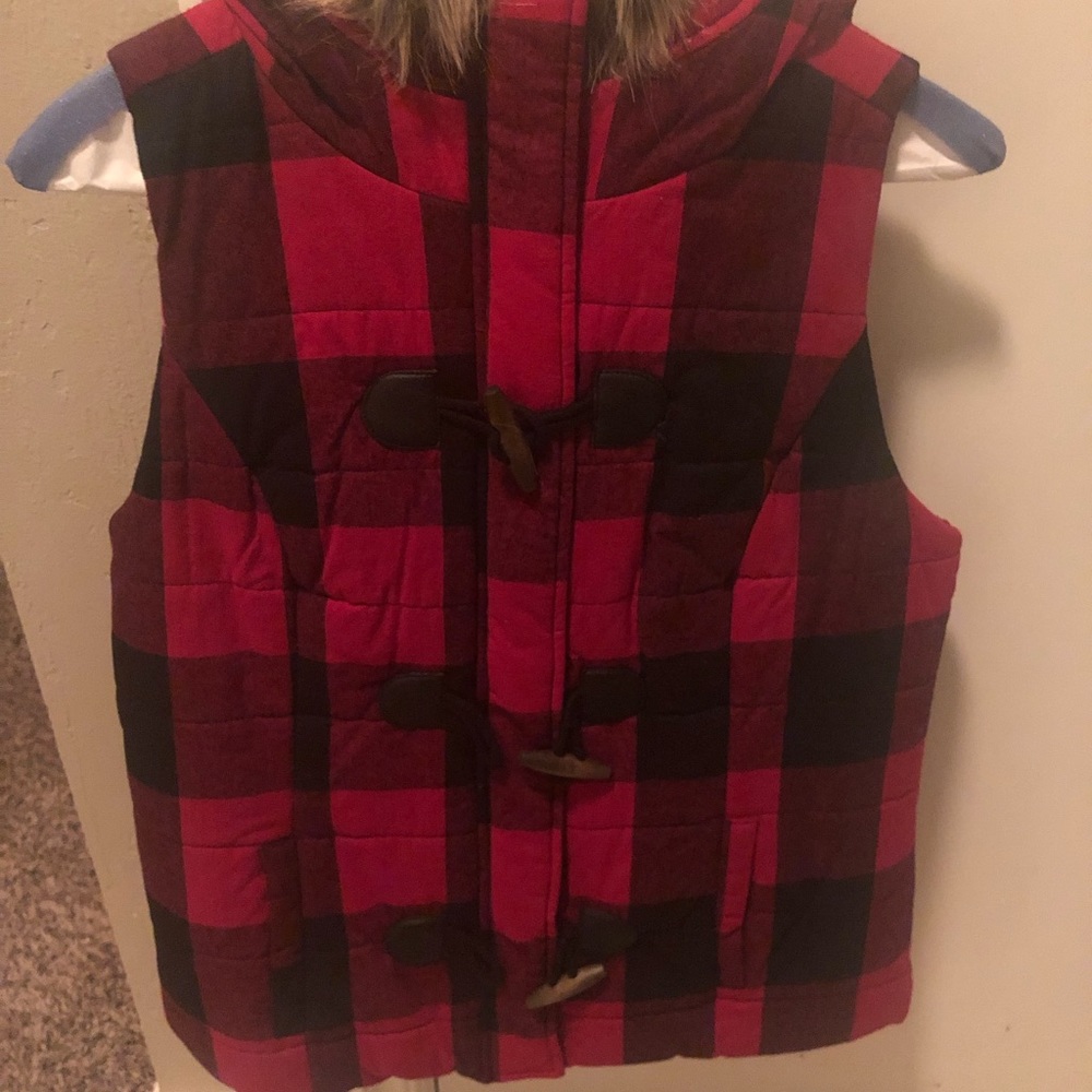 Buffalo Check Vest with Faux Fur Lined Hood